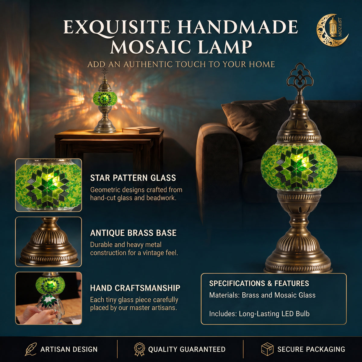 Turkish Mosaic Table Lamp, Handmade Glass Bedside Lamp, 4 color options,