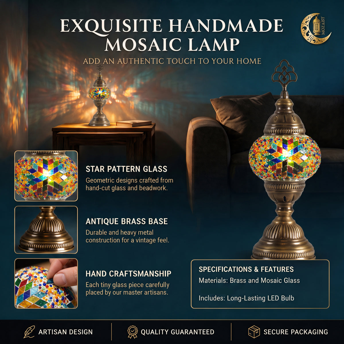 Turkish Mosaic Table Lamp, Handmade Glass Bedside Lamp, 4 color options,