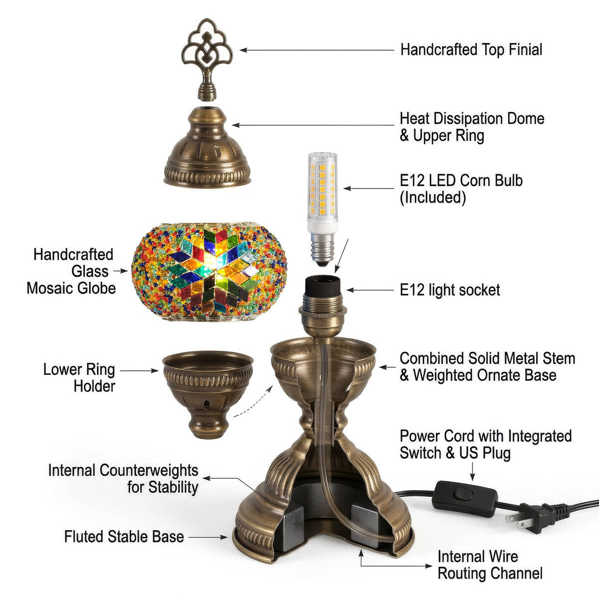 Turkish Mosaic Table Lamp, Handmade Glass Bedside Lamp, 4 color options,