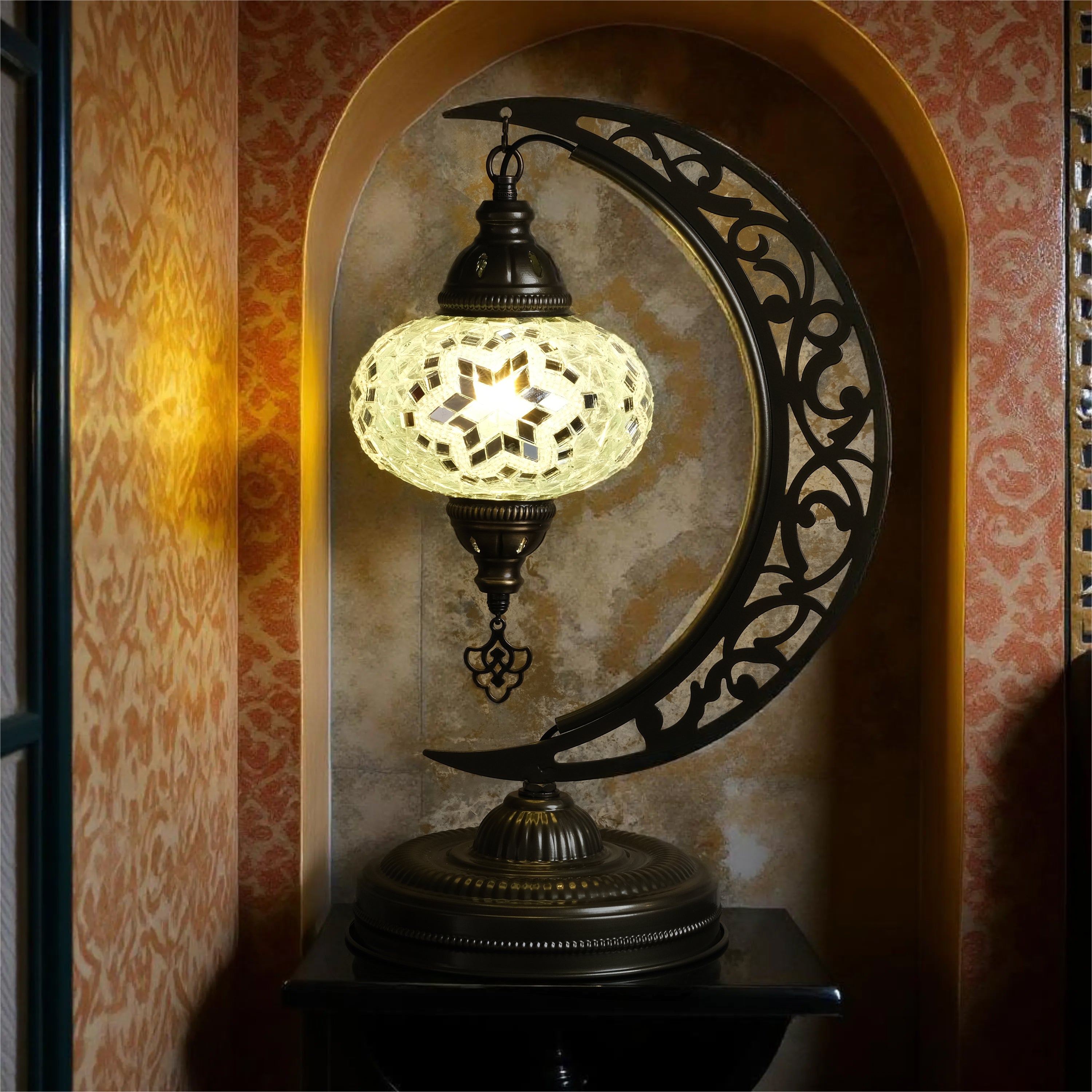 Turkish Mosaic Crescent Table Lamp (White)