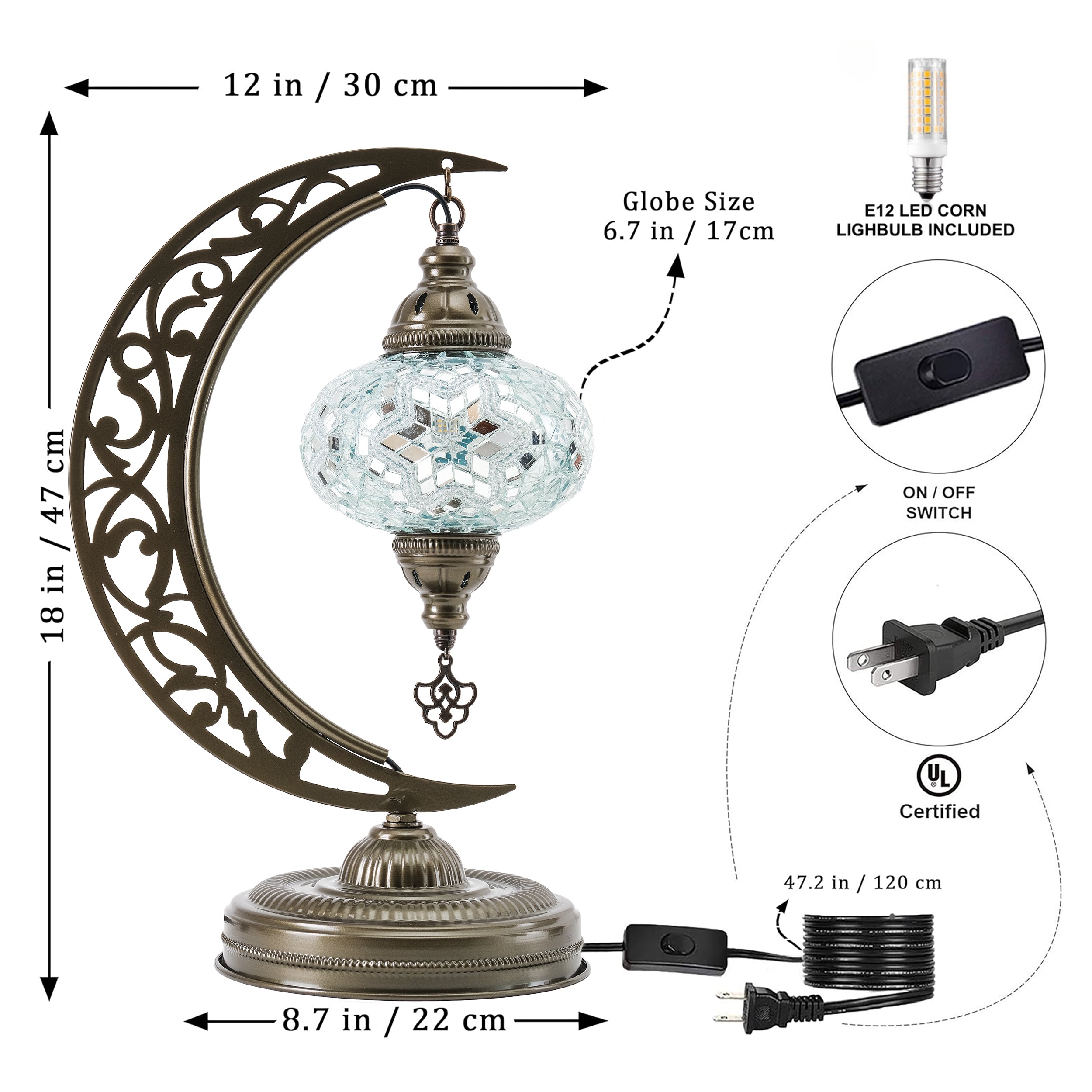 Turkish Mosaic Crescent Table Lamp (White)