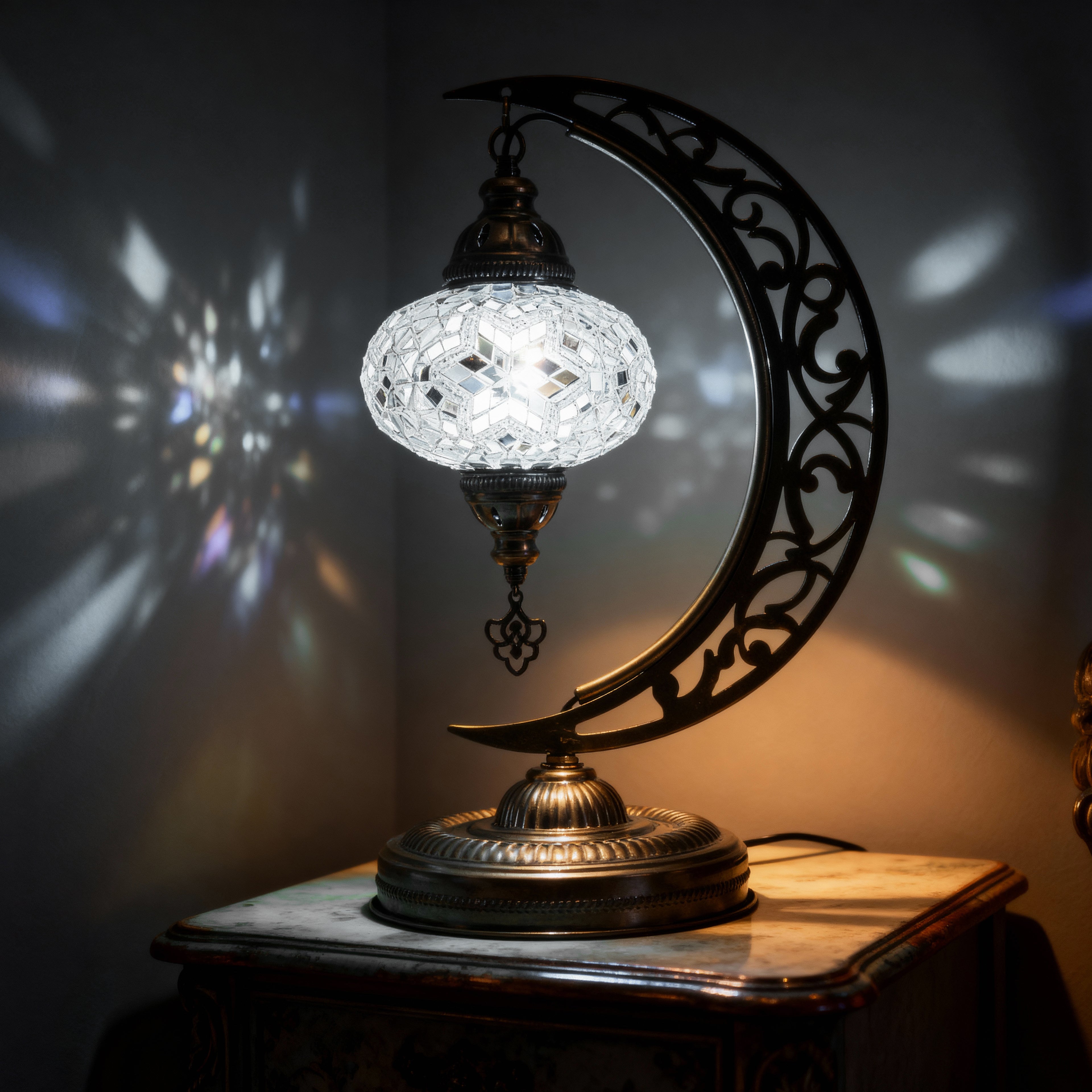 Turkish Mosaic Crescent Table Lamp (White)