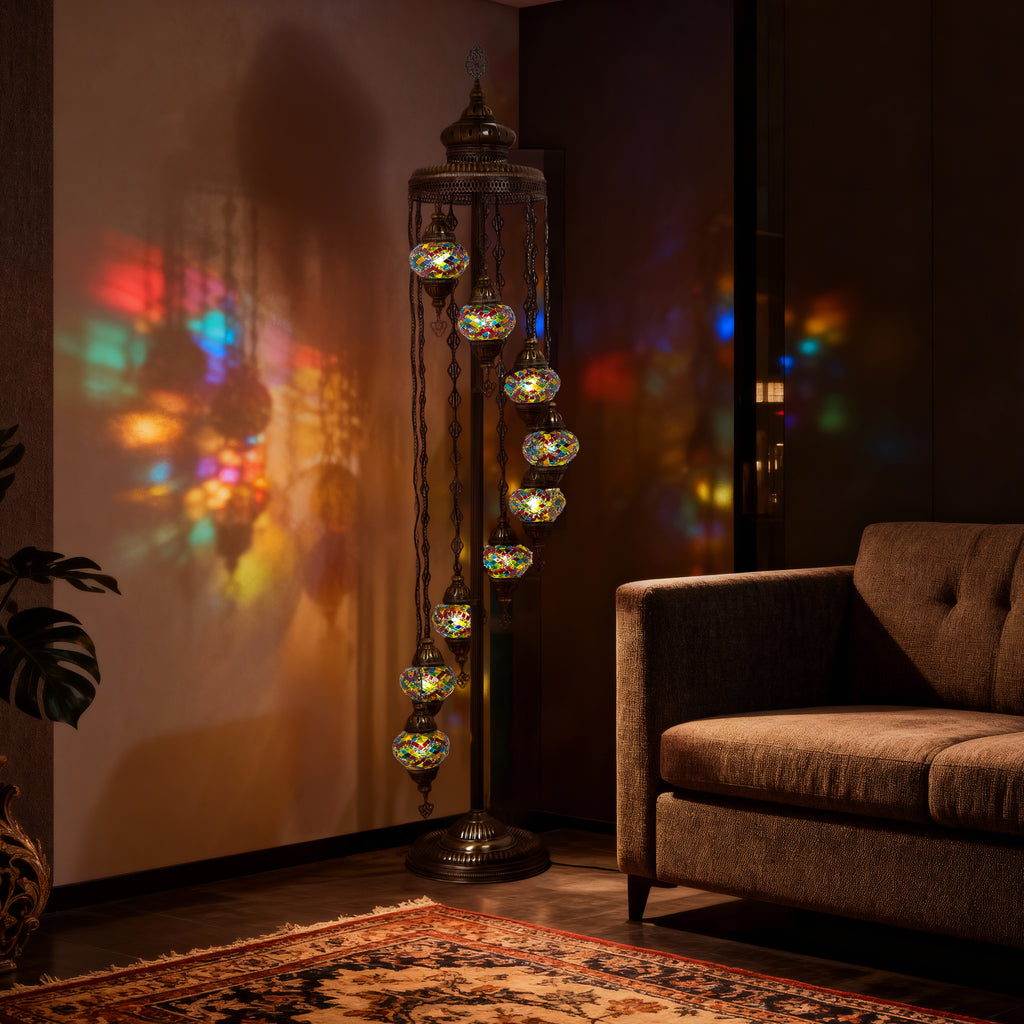 9-Globe Turkish Mosaic Floor Lamp (Rainbow)