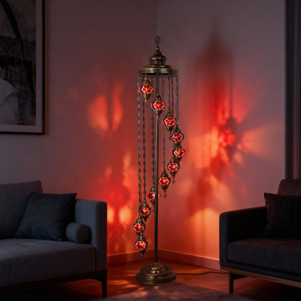 11-Globe Turkish Mosaic Floor Lamp (Red)