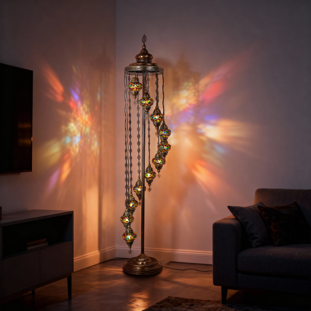 11-Globe Turkish Mosaic Floor Lamp (Rainbow)