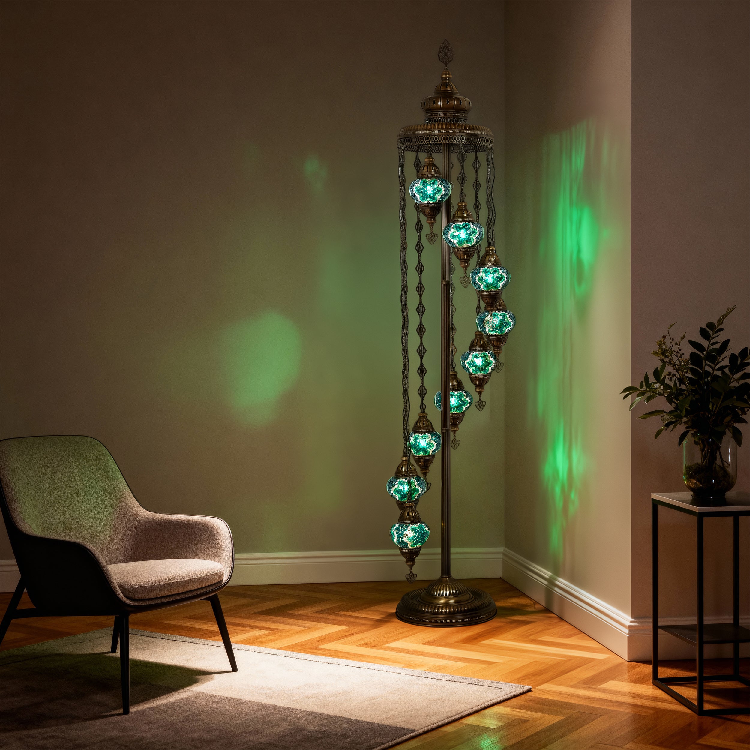 9-Globe Turkish Mosaic Floor Lamp (Green)