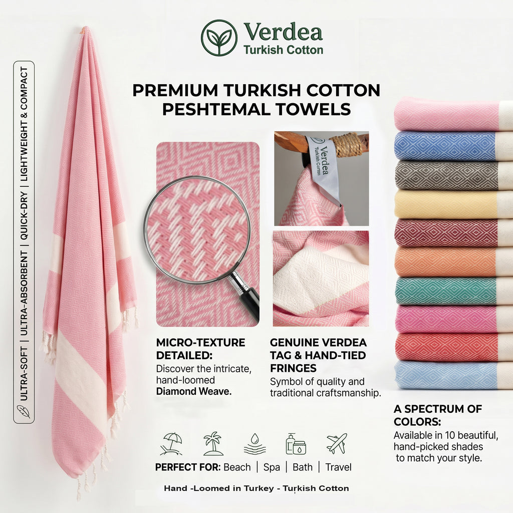 Light Pink Diamond Premium Turkish Cotton Peshtemal – Lightweight Spa & Beach Towel, Soft, Absorbent & Quick Dry (EPS-01)