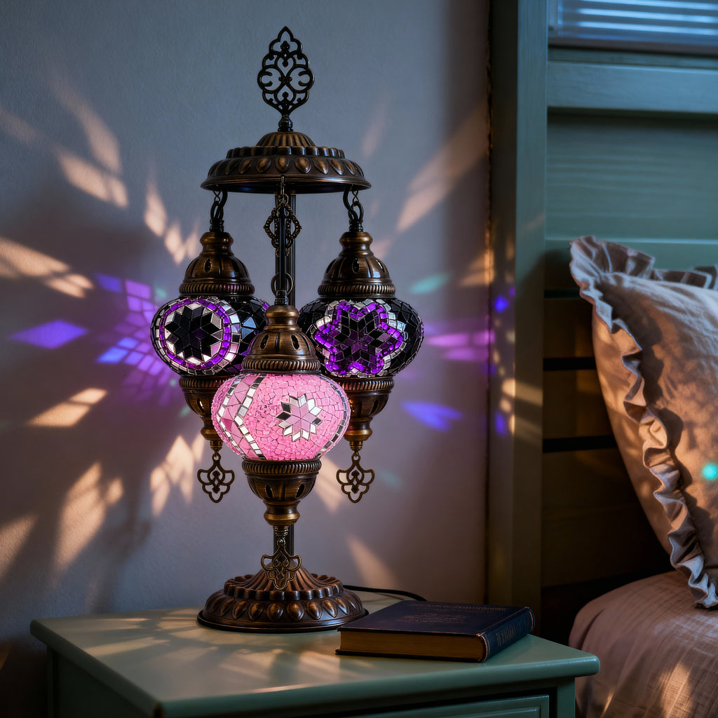 3-Globe Turkish Mosaic Table Lamp (Purple-Pink)