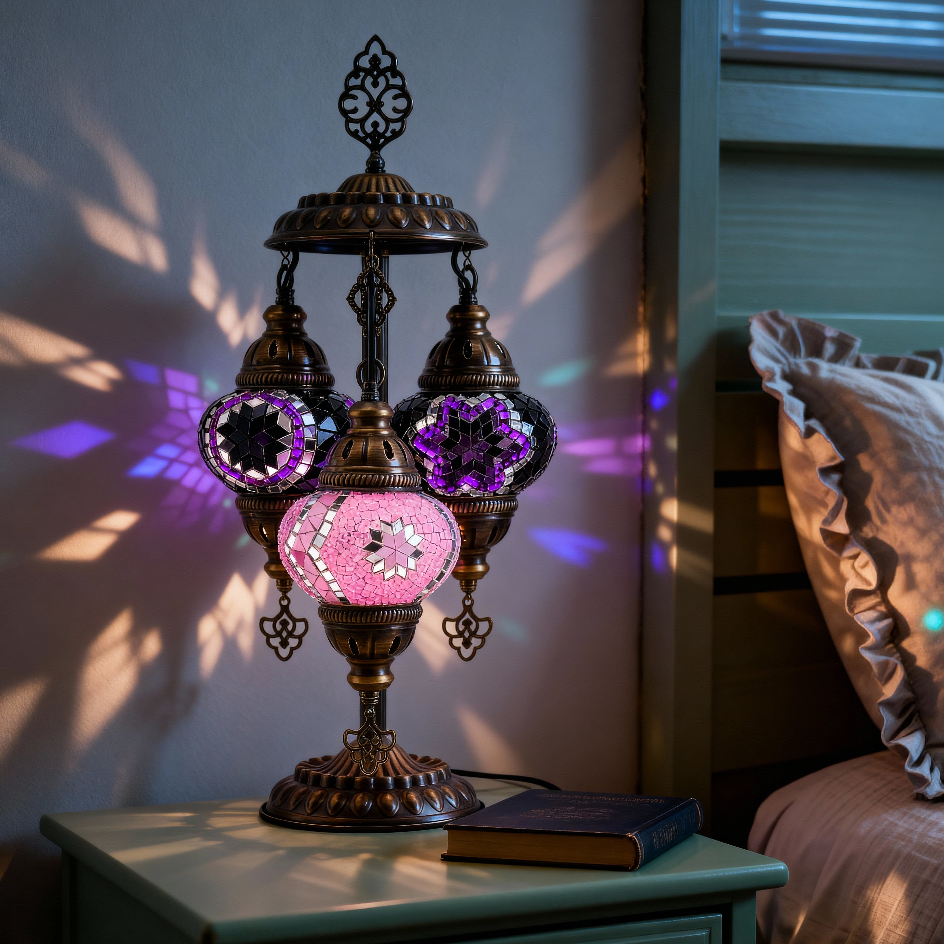 3-Globe Turkish Mosaic Table Lamp (Purple-Pink)