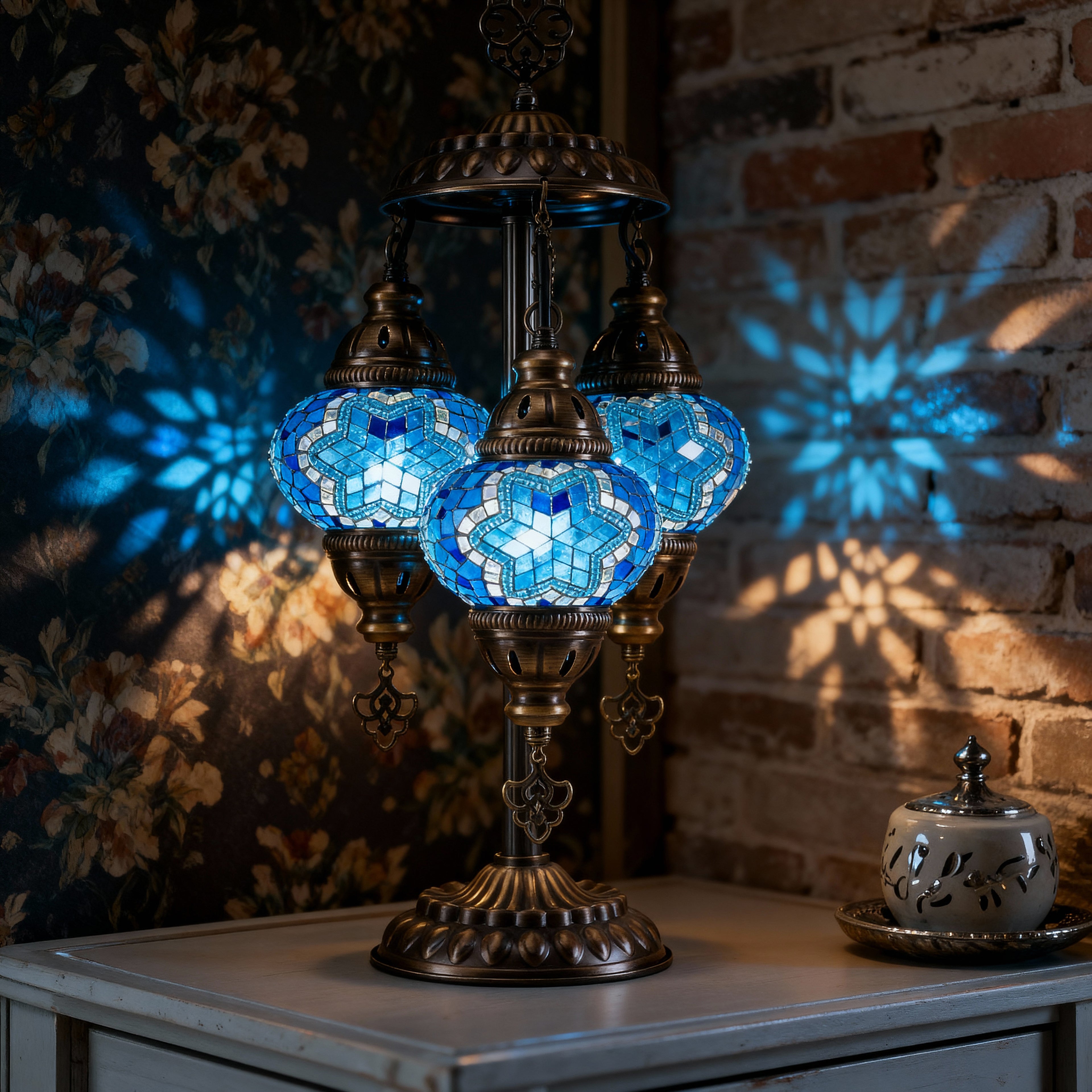 3-Globe Turkish Mosaic Table Lamp (Blue)