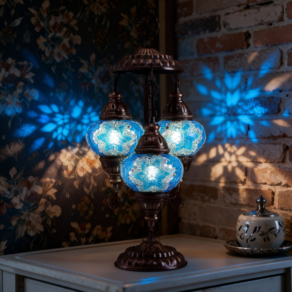 3-Globe Turkish Mosaic Table Lamp (Blue)