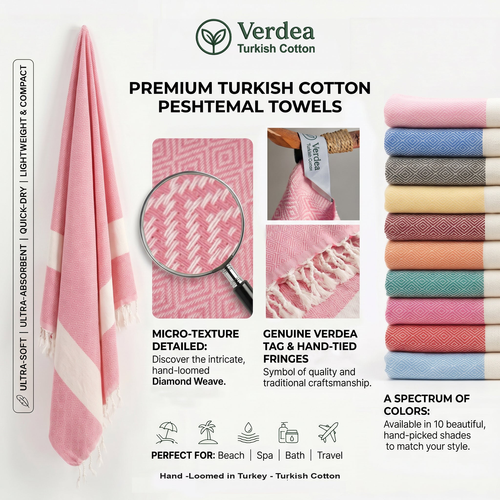 Pink Diamond Premium Turkish Cotton Peshtemal – Lightweight Spa & Beach Towel, Soft, Absorbent & Quick Dry (EPS-01)