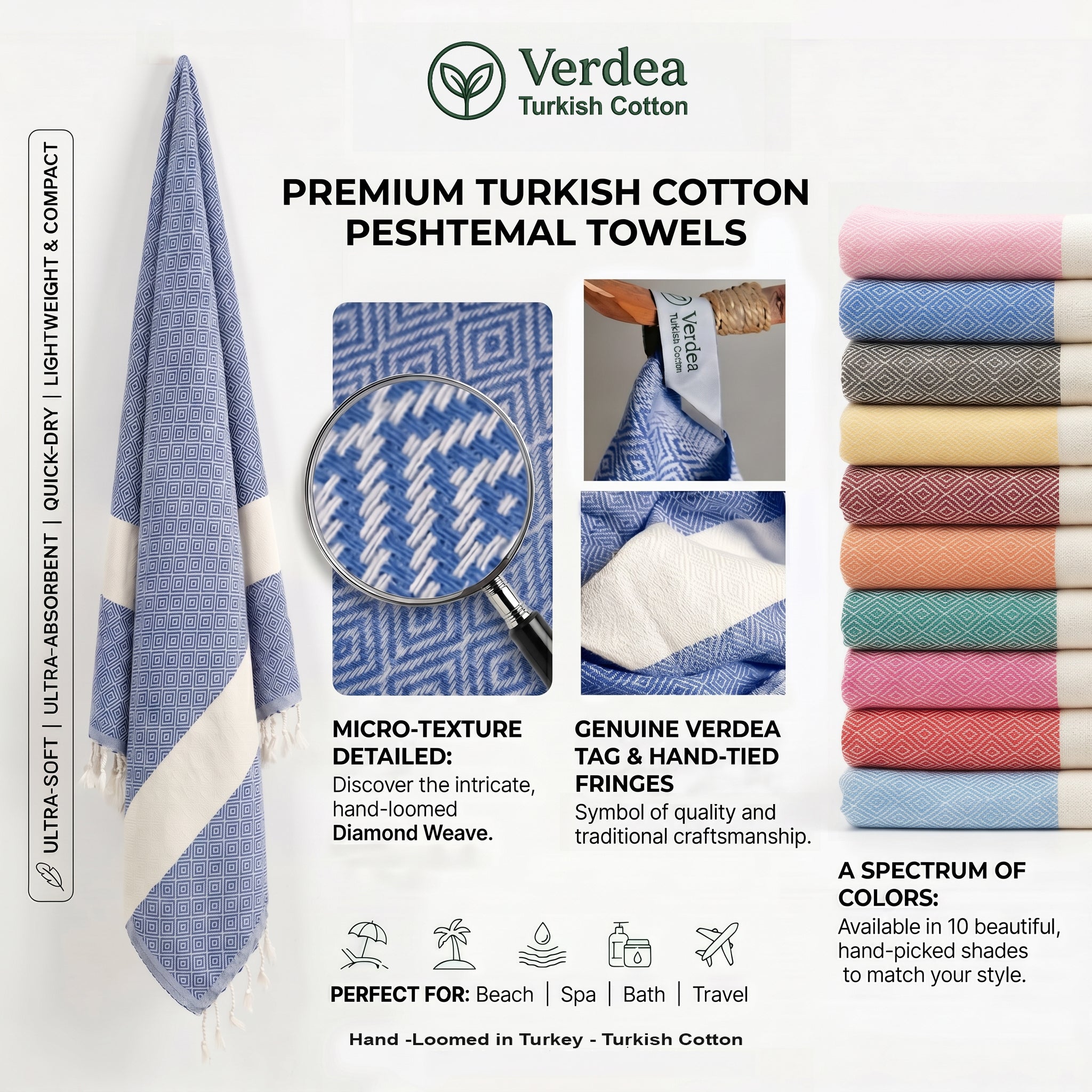 Blue Diamond Premium Turkish Cotton Peshtemal – Lightweight Spa & Beach Towel, Soft, Absorbent & Quick Dry (EPS-01)