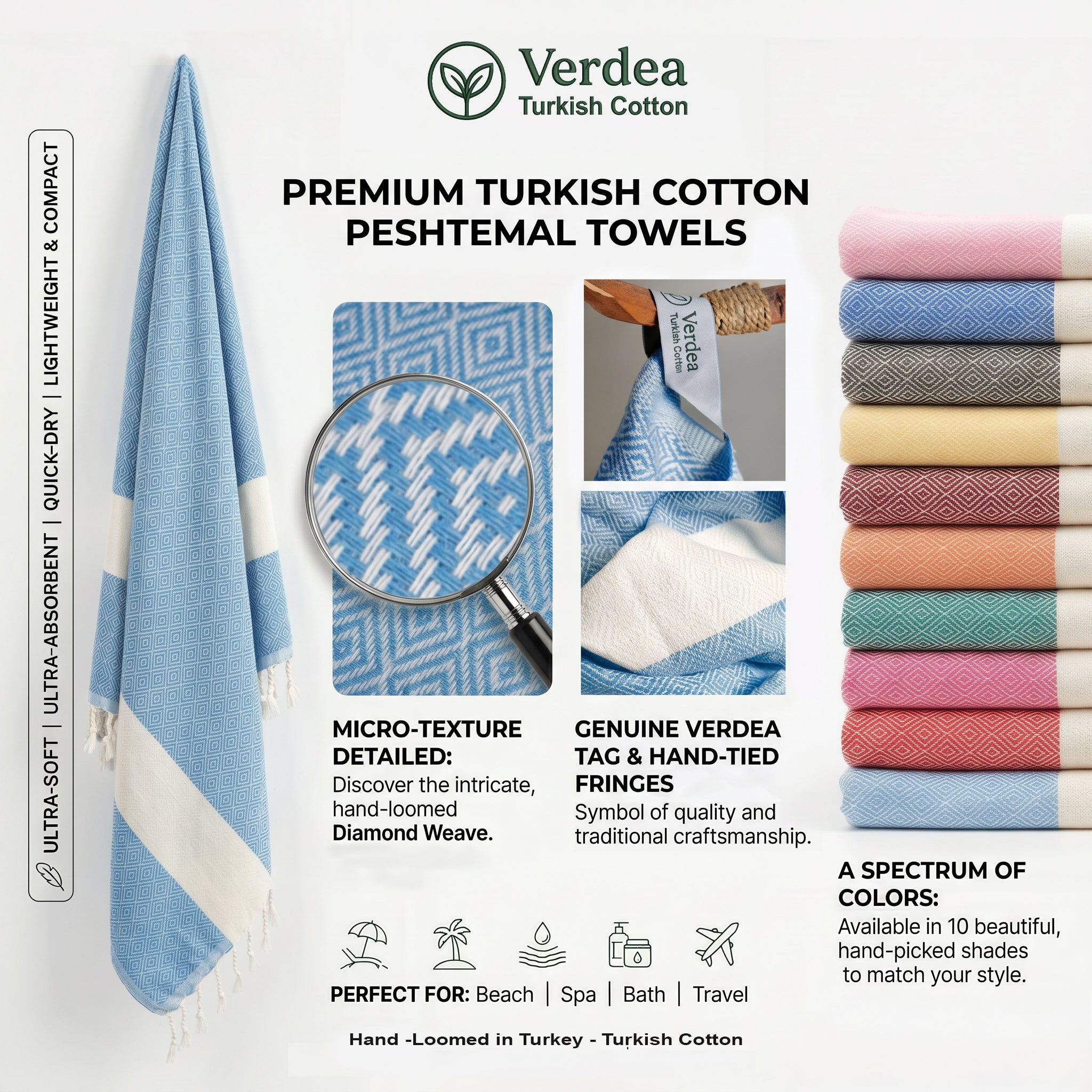 Turquoise Diamond Premium Turkish Cotton Peshtemal – Lightweight Spa & Beach Towel, Soft, Absorbent & Quick Dry (EPS-01)