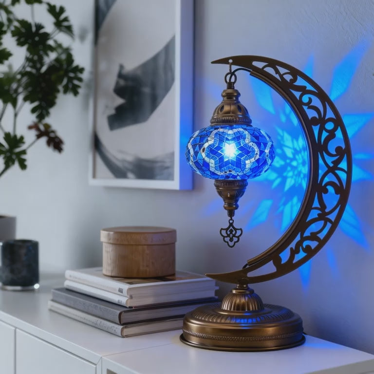 Turkish Mosaic Crescent Table Lamp (Blue)