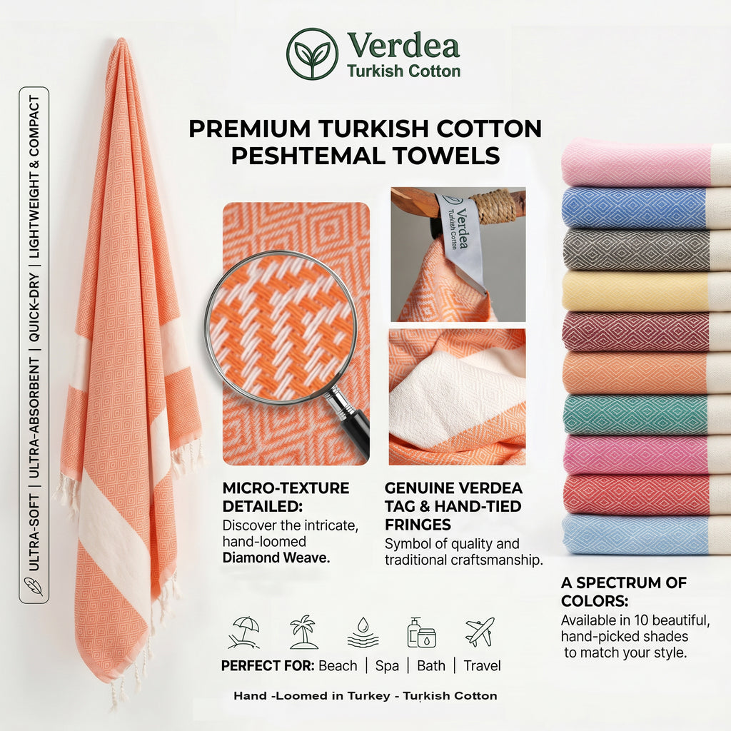 Orange Diamond Premium Turkish Cotton Peshtemal – Lightweight Spa & Beach Towel, Soft, Absorbent & Quick Dry (EPS-01)