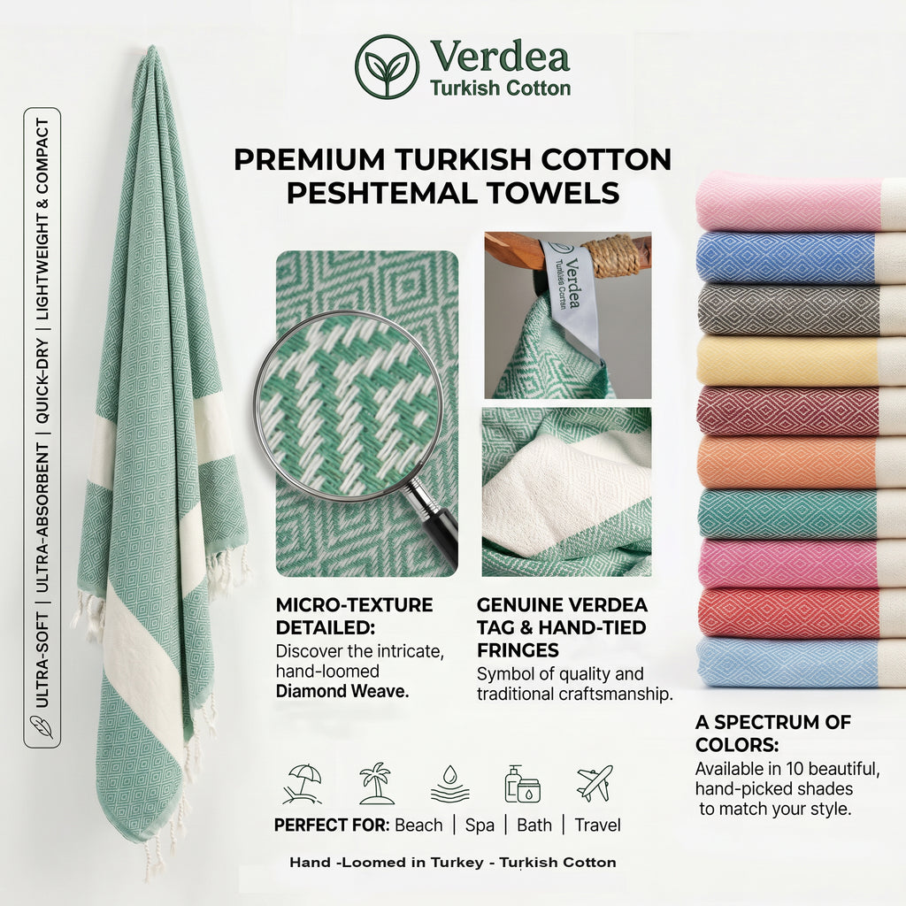 Green Diamond Premium Turkish Cotton Peshtemal – Lightweight Spa & Beach Towel, Soft, Absorbent & Quick Dry (EPS-01)
