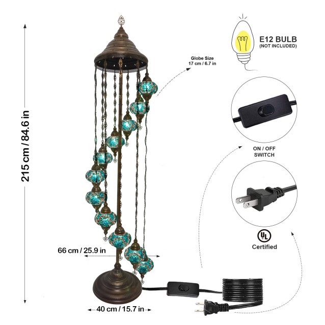 11 Globe Turkish Mosaic Floor Lamp (Turquoise Green)