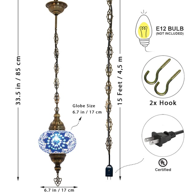 One Light Turkish Mosaic Hanging Lamp (Sea Blue)