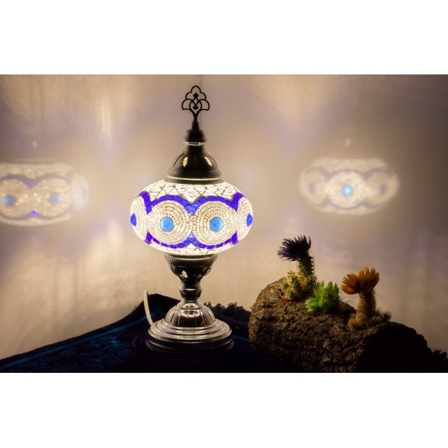 Chrome Finished Silver Color Mosaic Table Lamp (White Blue)