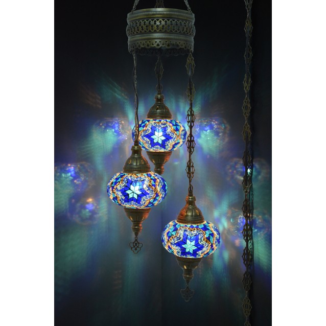 3 Globe Turkish Mosaic Chandelier (Deep Blue)