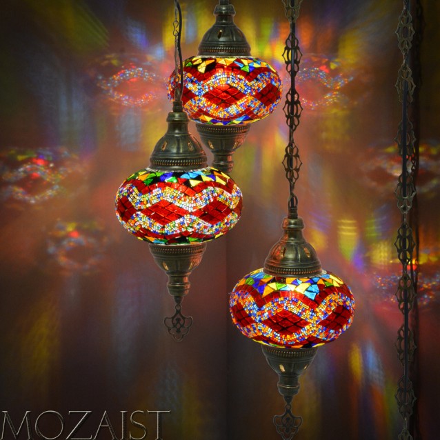 3 Globe Turkish Mosaic Chandelier (Red Mix)