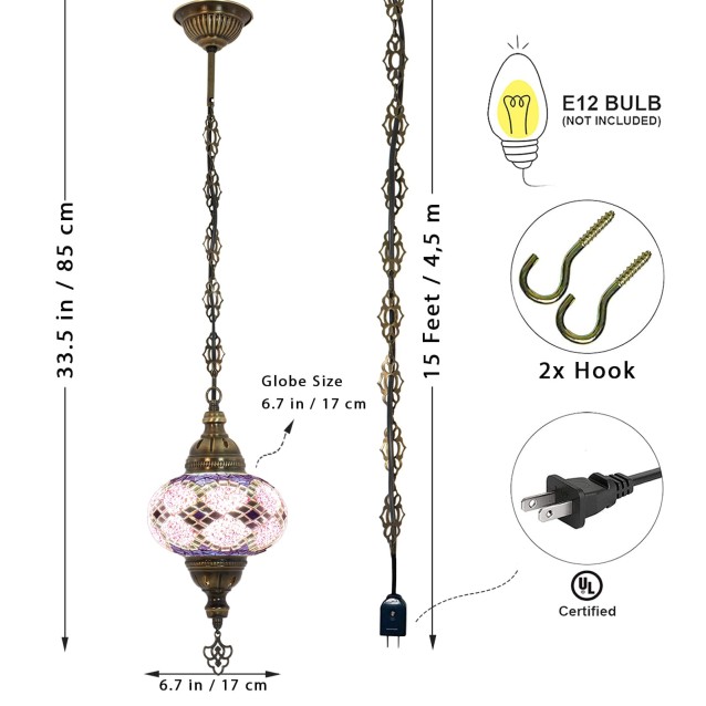 One Light Turkish Mosaic Hanging Lamp (Diamond Purple)