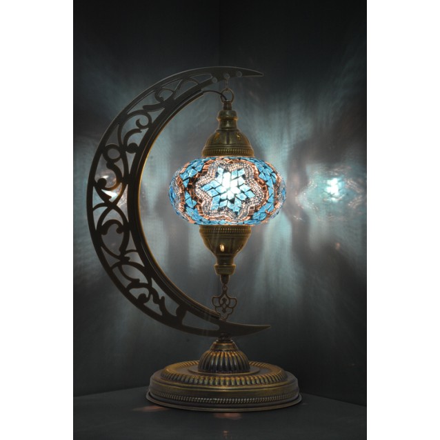 Moon Shaped Crescent Mosaic Table Lamp (Turquoise Blue)