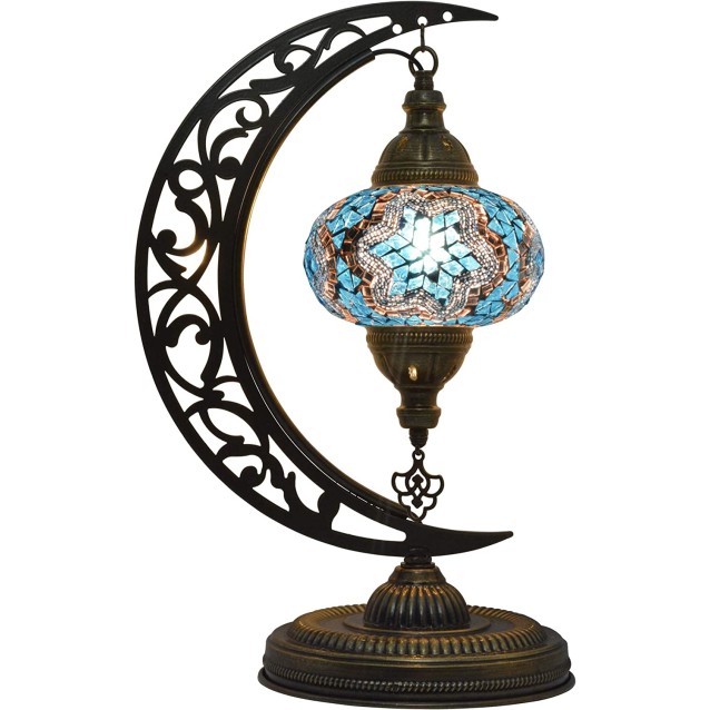Moon Shaped Crescent Mosaic Table Lamp (Turquoise Blue)