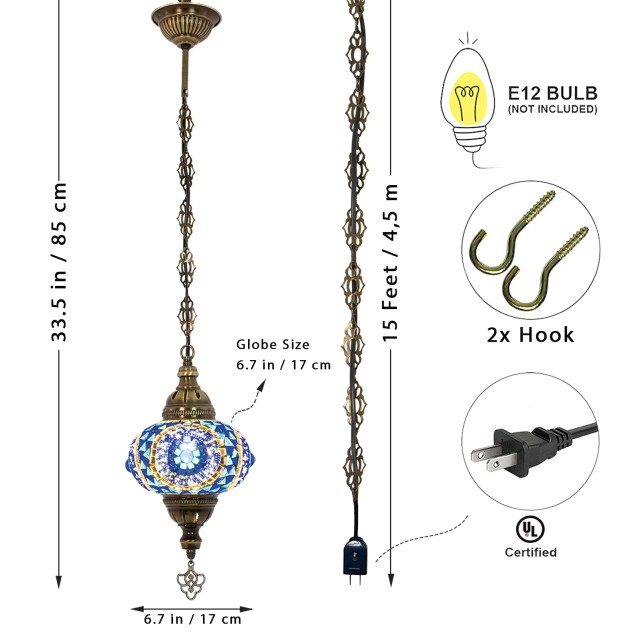 One Light Turkish Mosaic Hanging Lamp (Evil Eye Blue)