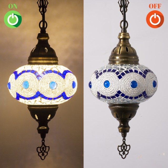 One Light Turkish Mosaic Hanging Lamp (White Blue)