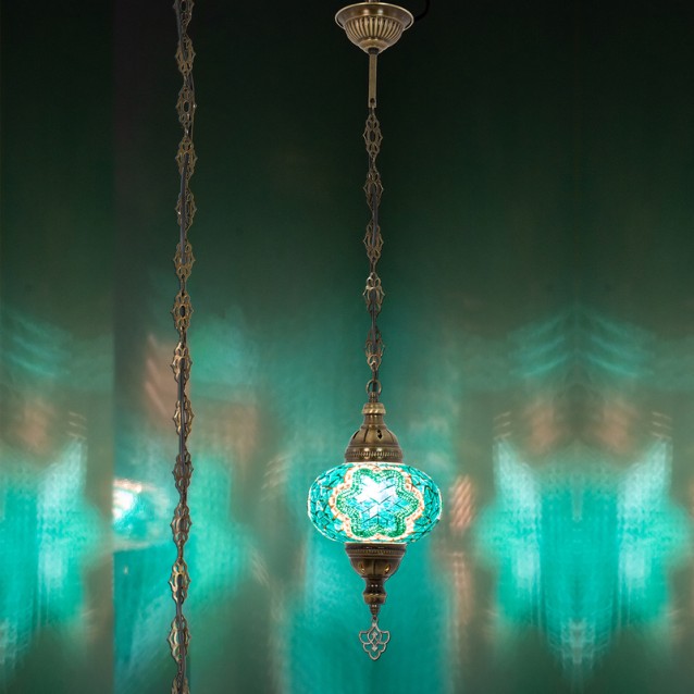 One Light Turkish Mosaic Hanging Lamp (Turquoise Green)