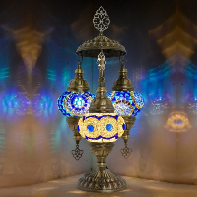3 Globe Turkish Mosaic Table Lamp (Blue & White)