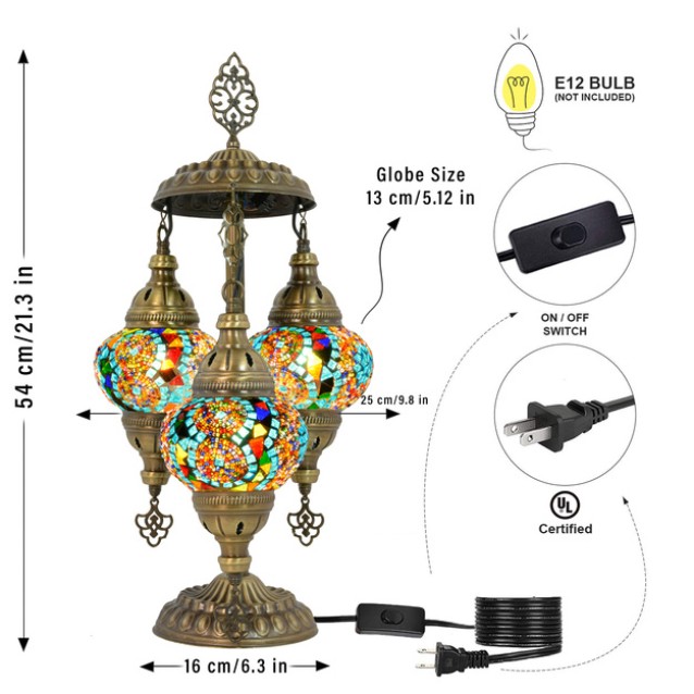 3 Globe Turkish Mosaic Table Lamp (Brown Daisy)