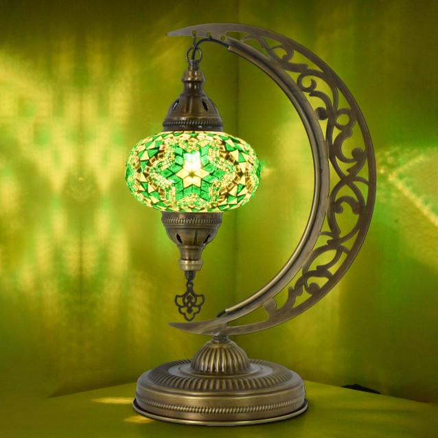 Moon Shaped Crescent Mosaic Table Lamp (Green Star)